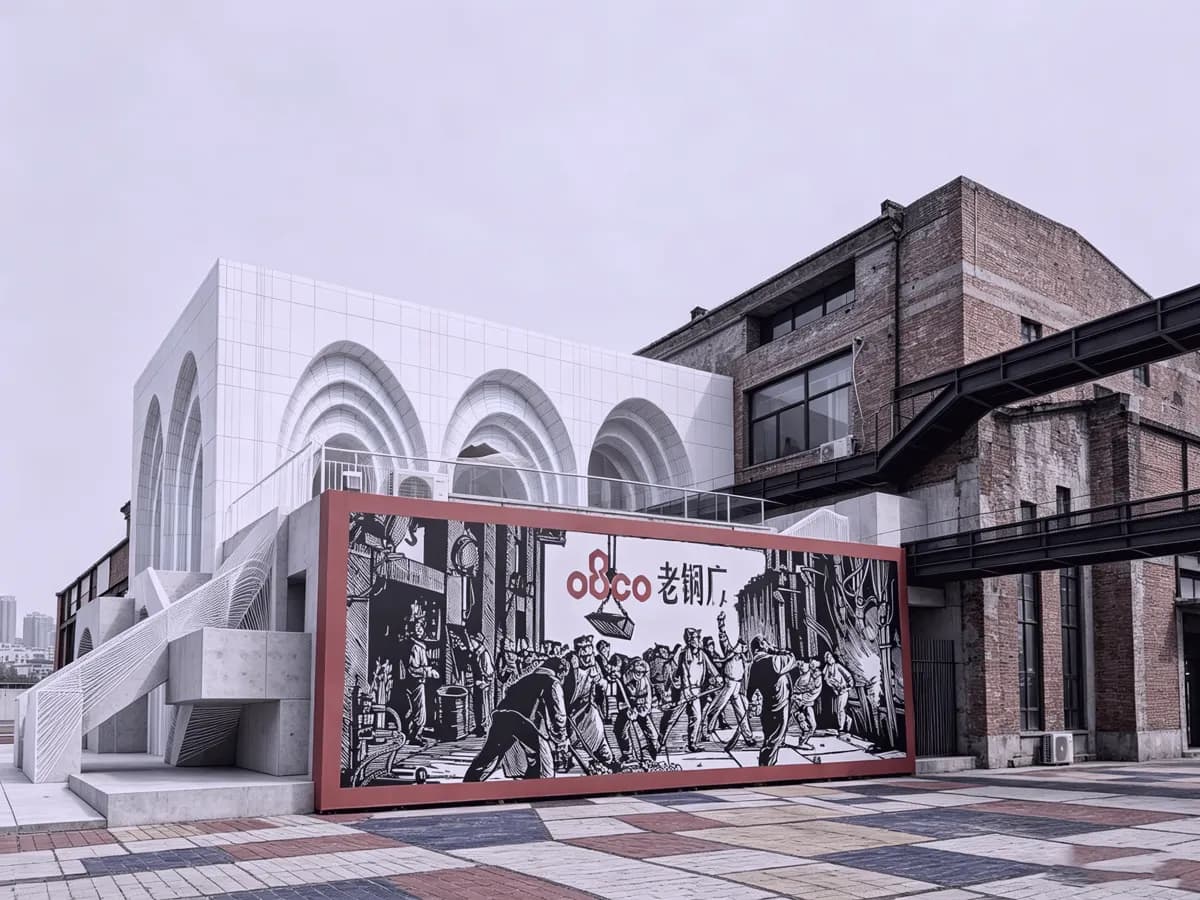 老钢厂艺术中心壁画广场，红色画框与砖厂房